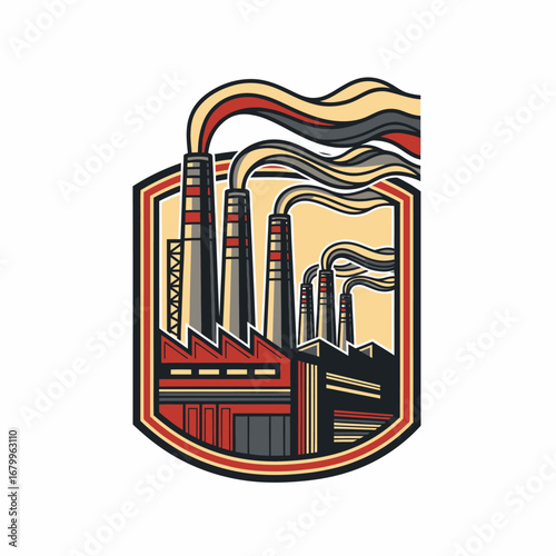 A stylized vector illustration of an industrial factory complex with multiple smokestacks releasing smoke, framed in a crest.