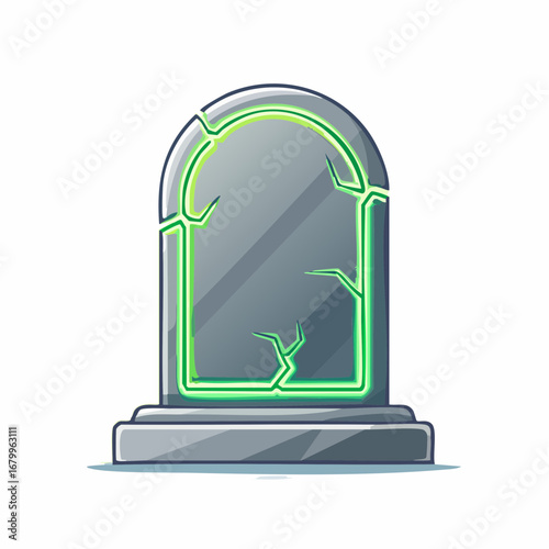 A stylized tombstone with bright neon green cracks emanating an ethereal glow, perfect for spooky Halloween designs, fantasy game elements, or eerie digital art concepts