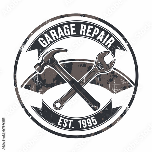 Vintage garage repair logo with a crossed hammer and wrench, featuring a distressed, grunge texture and an establishment date.