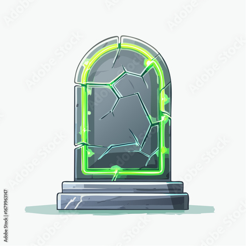 Glowing Tombstone Illustration A Digital Art Depiction of a Cracked Gravestone with Neon Green Light