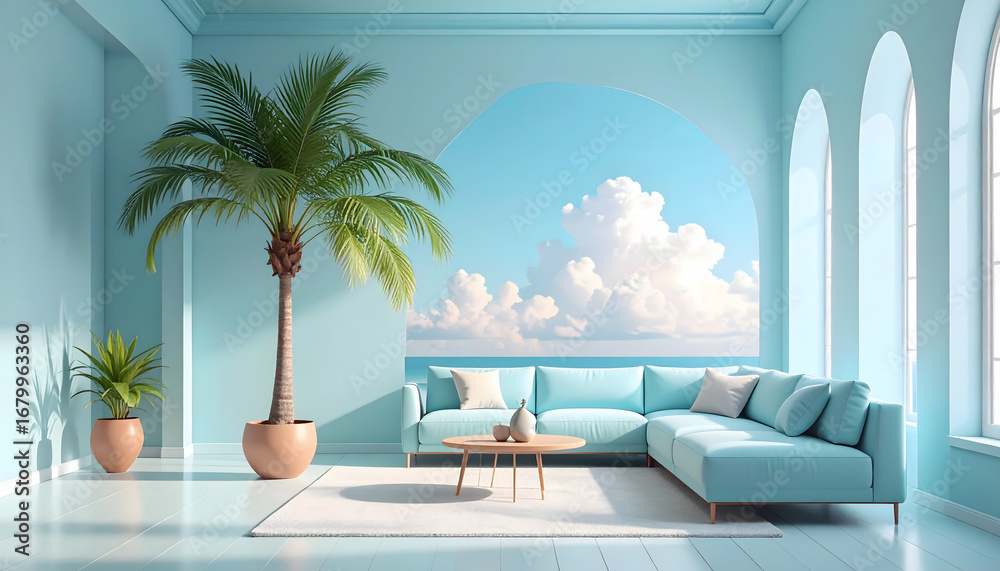 Fototapeta premium Serene Coastal Living Room Design Pastel Blue Interior with Ocean View