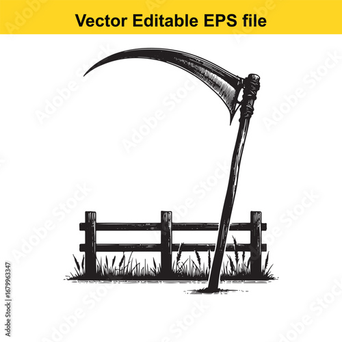 Grim reaper scythe with wooden fence and grass isolated on white background