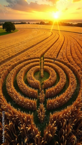 Mysterious crop circle in a golden wheat field at sunrise, intricate design visible from above Perfect for mystery, agriculture, and alien themes , wonder, rural, sun