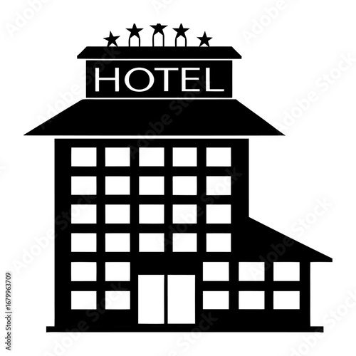 Black and white silhouette of a hotel building with five stars on top.