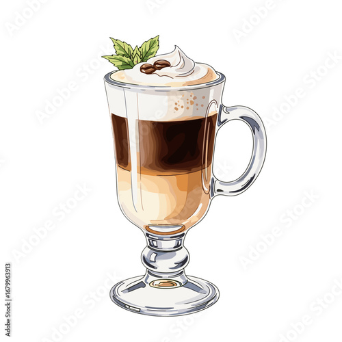 Layered coffee drink with whipped cream, coffee beans, and mint in a glass mug. Vector illustration isolated on a white background.