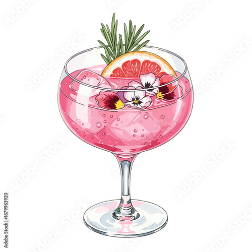 Pink Gin and Tonic Cocktail with Grapefruit and Rosemary Garnish. An elegant, refreshing summer drink illustration isolated on a white background.