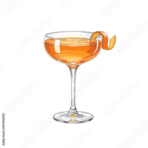 Elegant orange cocktail in a classic coupe glass, garnished with a citrus peel twist. Hand drawn vector illustration isolated on a white background.