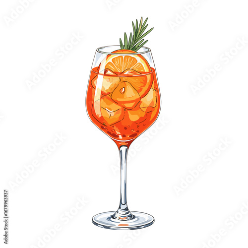 Orange Spritz cocktail illustration with an orange slice and rosemary garnish. Refreshing summer alcoholic drink in a wine glass isolated on a white background.