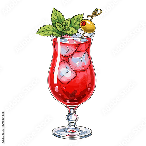 Red cocktail with mint and olive garnish in a glass with ice cubes. Cartoon vector illustration isolated on white background.
