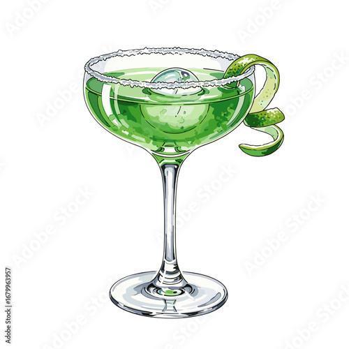 Green margarita cocktail in a coupe glass with a salted rim and a lime twist garnish. Hand-drawn watercolor style illustration isolated on a white background.