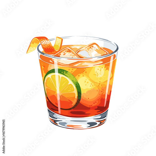 Refreshing orange cocktail with ice, a lime slice, and an orange peel garnish. Vector illustration of a summer alcoholic beverage isolated on a white background.