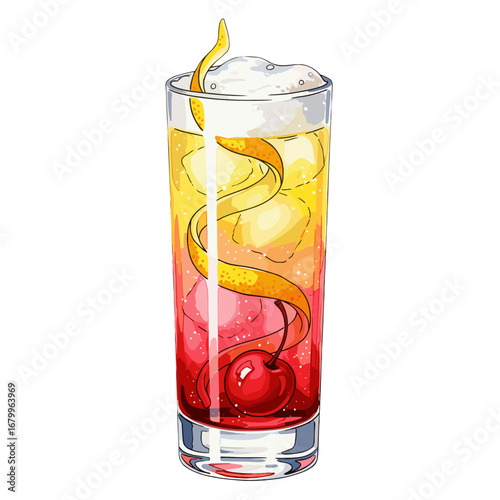 Colorful layered cocktail illustration with cherry and orange peel garnish. Refreshing summer drink in a tall glass isolated on a white background.