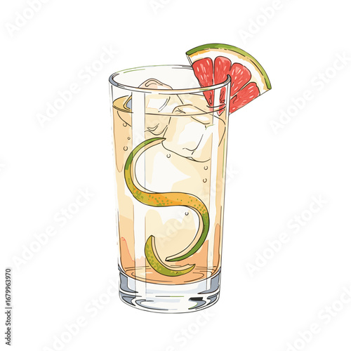 Hand-drawn illustration of a refreshing grapefruit cocktail with a lime peel garnish. Isolated vector art of a summer beverage in a highball glass on a white background.