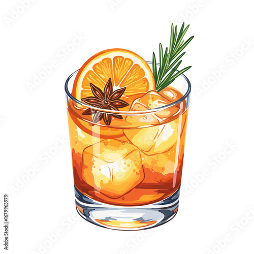 A refreshing orange cocktail in a rocks glass with ice cubes, garnished with an orange slice, rosemary, and star anise. Vector illustration isolated on a white background.