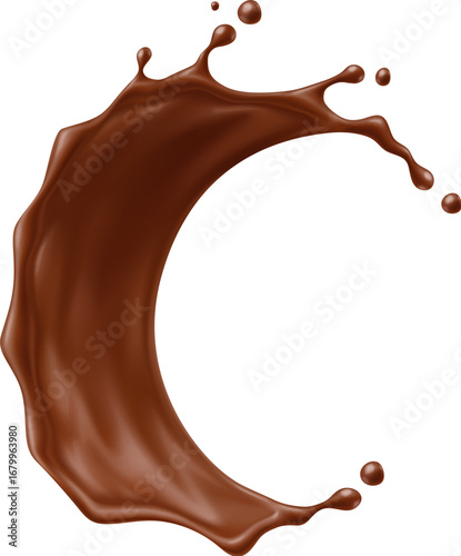 Round circle chocolate drink wave splash with smooth curve and droplets mid air. Vector sweet cocoa liquid in motion fluid dessert and food swirl. Isolated realistic 3d cocoa Brown stream with drops