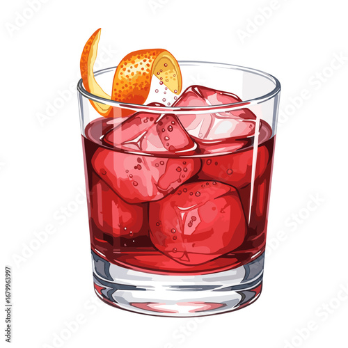 Classic Negroni cocktail with an orange peel garnish in a rocks glass. Vector illustration of a red alcoholic beverage isolated on a white background.