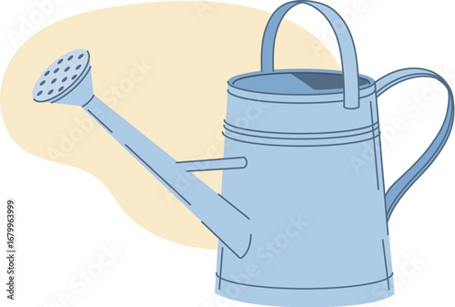 Metal watering can with a long spout and a large handle. Isolated vector hand tool for gardening or farming works, agricultural item for workers, farmers and gardeners. Rustic countryside water can