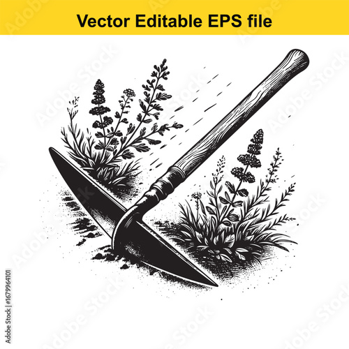 Vintage hoe tool with plants and soil, black and white illustration