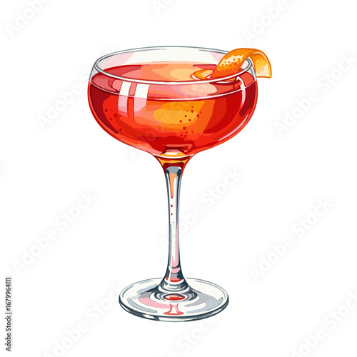 Classic red orange cocktail in a coupe glass with a citrus peel garnish. Hand drawn vector illustration isolated on a white background.