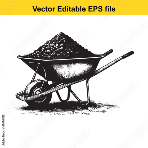 Wheelbarrow filled with dirt isolated on white background