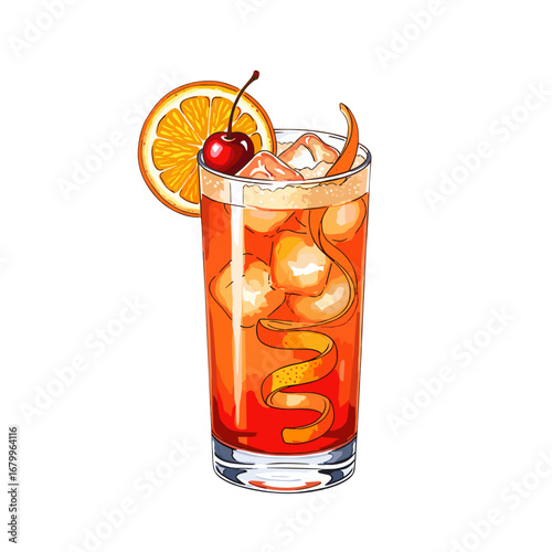 Refreshing orange cocktail in a highball glass with ice cubes, garnished with a citrus slice, maraschino cherry, and orange peel twist. Hand-drawn vector illustration.