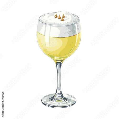 Elegant illustration of a classic yellow sour cocktail with a frothy foam top and bitters, isolated on a white background. Vector style alcoholic beverage in a stemmed glass.
