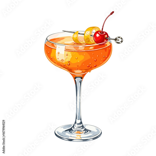 Orange cocktail in a coupe glass with a lemon twist and cherry garnish. Vector illustration of a classic alcoholic beverage on a white background.