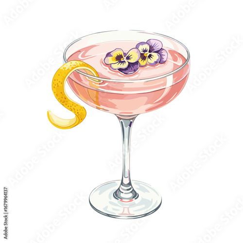 Pink cocktail in a coupe glass with a lemon twist and edible flower garnish. Watercolor style illustration of an alcoholic beverage isolated on a white background.