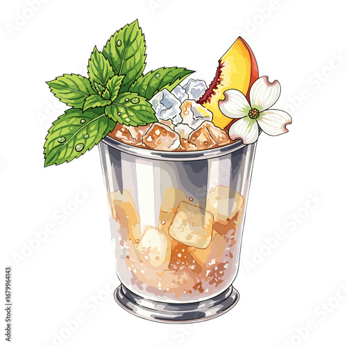Illustrated Peach Mint Julep cocktail in a silver cup. Refreshing summer drink garnished with fresh mint, a peach slice, and a white flower, isolated on a white background.