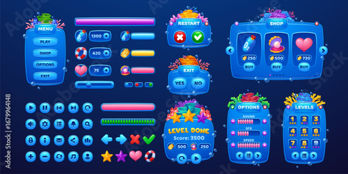 Sea and ocean underwater game interface. Cartoon coral reef and seaweed GUI vector elements. UI game asset of cartoon blue sign boards, menu panels and banners, seashell, starfish and lifebuoy buttons