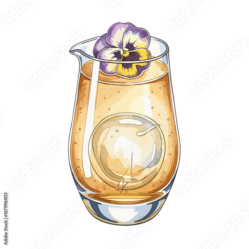 Vector illustration of a refreshing cocktail with a sphere ice cube and a pansy flower garnish. Elegant alcoholic beverage isolated on white background.