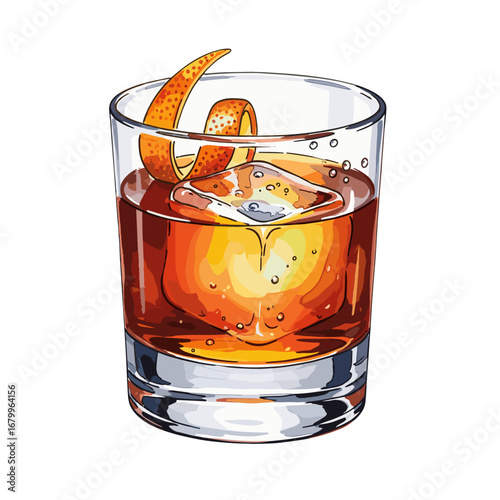 Vector illustration of a classic Old Fashioned cocktail in a rocks glass with a large ice cube and an orange peel garnish, isolated on a white background.