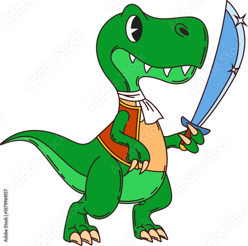 Cartoon dinosaur pirate and corsair animal ship crew character with sparkling cutlass. Isolated vector dino rover groovy y2k personage holding sword with happy toothy smile and adventurous expression