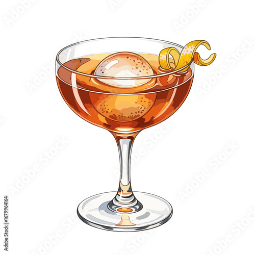Classic cocktail in a coupe glass with a large spherical ice cube and a citrus twist garnish. Vector illustration of an alcoholic beverage on a white background.