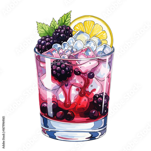 Vector illustration of a refreshing berry cocktail with ice, blackberries, lemon, and mint. A vibrant summer drink isolated on a white background.
