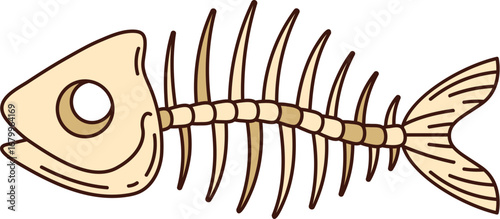 Cartoon groovy fish bone with rib cage, spine and head with empty eye sockets. Isolated vector sea animal skeleton stripped of flesh. Skeletal structure with attached skull and tail for pirate story