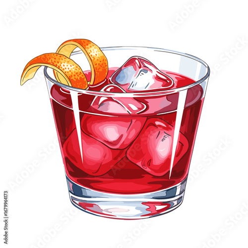 Classic Negroni cocktail with ice and orange peel garnish. Vector illustration of a red alcoholic drink in a rocks glass isolated on a white background.