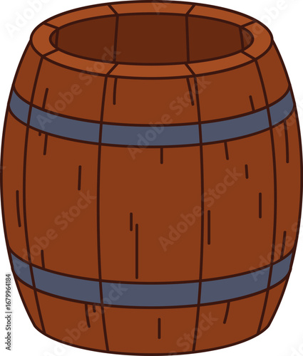 Cartoon groovy pirate and corsair empty wooden barrel. Vector rustic, wood, cylindrical cask, bound by metal hoops. Pub or bar brewery item for storing rum, gunpowder, gold, beer, wine or provision