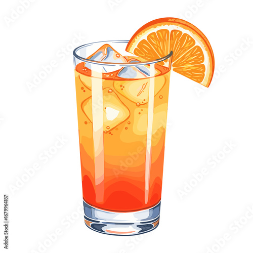 Vector illustration of a refreshing Tequila Sunrise cocktail with ice and an orange slice garnish. Isolated summer drink on a white background.