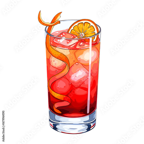 Illustration of a refreshing red cocktail in a highball glass with ice cubes, garnished with an orange slice and peel. Isolated summer alcoholic beverage on a white background.