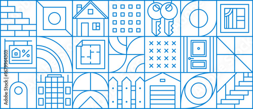 Real estate geometric pattern of house and apartment key for building and construction, vector background. Real estate geometric line pattern of home and residential property or house windows tile