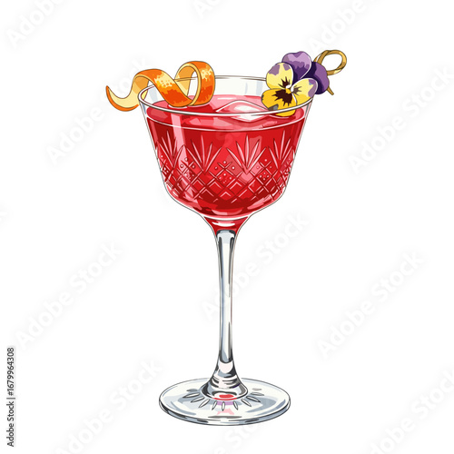 Classic red cocktail in an ornate crystal glass, garnished with a citrus peel twist and a viola flower. Isolated watercolor style illustration.