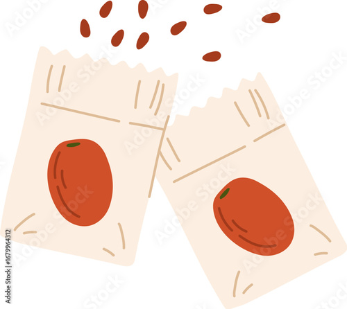 Tomato seed packets with seeds spilling out symbolizing planting, gardening, farming and organic food cultivation. Isolated cartoon flat vector icon represents home agriculture, vegetable growth hobby