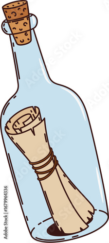 Cartoon groovy pirate and corsair symbol of message in bottle, vector Caribbean adventure. Message in bottle or parchment roll and paper letter notice for marine sailing or pirate and corsair game