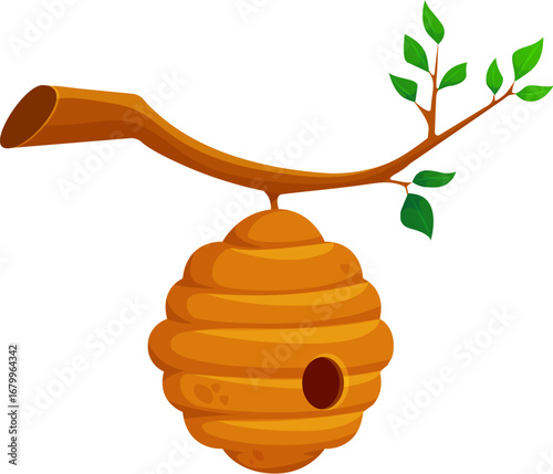 Cartoon bee hive on tree branch for honey bee house or home, vector wild beehive. Wild hive hanging on tree branch for bumblebee or wasp dwelling nest house and kids fairy tale illustration