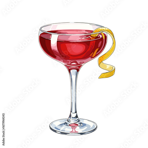 Red cocktail in a classic coupe glass with a lemon twist garnish. Hand drawn watercolor style vector illustration isolated on a white background.