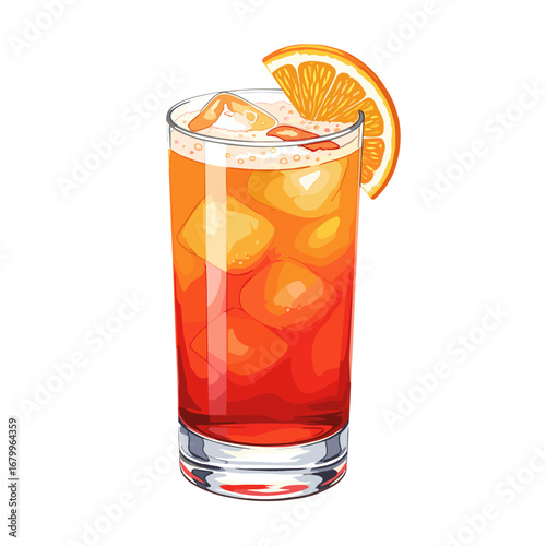 Refreshing orange cocktail with ice cubes in a tall glass. Summer alcoholic drink garnished with an orange slice. Vector illustration of a cold beverage isolated on a white background.