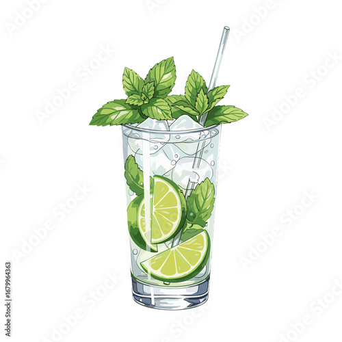 Refreshing Mojito Cocktail Illustration with Lime and Mint. Hand-drawn style drink isolated on a white background.