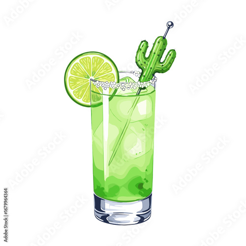 Refreshing green cocktail with a lime slice and cactus stirrer. Vector illustration of a margarita or tequila drink with a salted rim, isolated on a white background.