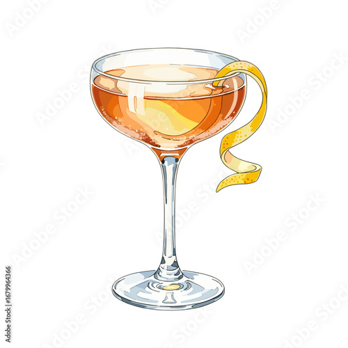 Classic orange cocktail in a coupe glass with a lemon twist garnish. Hand-drawn watercolor style vector illustration isolated on a white background.